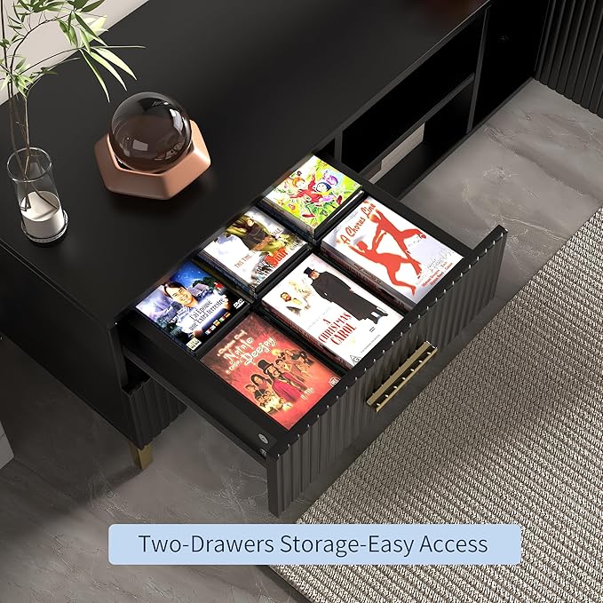 70" Fluted TV Stand for TVs Up to 80", Modern Entertainment Center with Storage, Media Console for Living Room Bedroom, TV Console（Black）