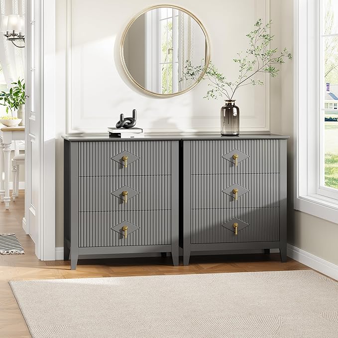GarveeHome 2Pcs Wood Nightstand Fluted Dresser for Bedroom, 27.5" Wide 3-Drawer Bedside Tables, Modern Chest of Drawers, Storage End Table Living Room, Hallway, Entryway, Grey
