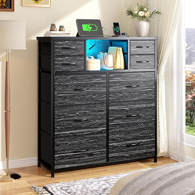 Dresser for Bedroom with Charging Station and LED and 10 Fabric Drawers, Sturdy Tall Chest of Drawers with 2 Open Storage Shelves Storage Tower for Clothing, Closet, Hallway (Black)