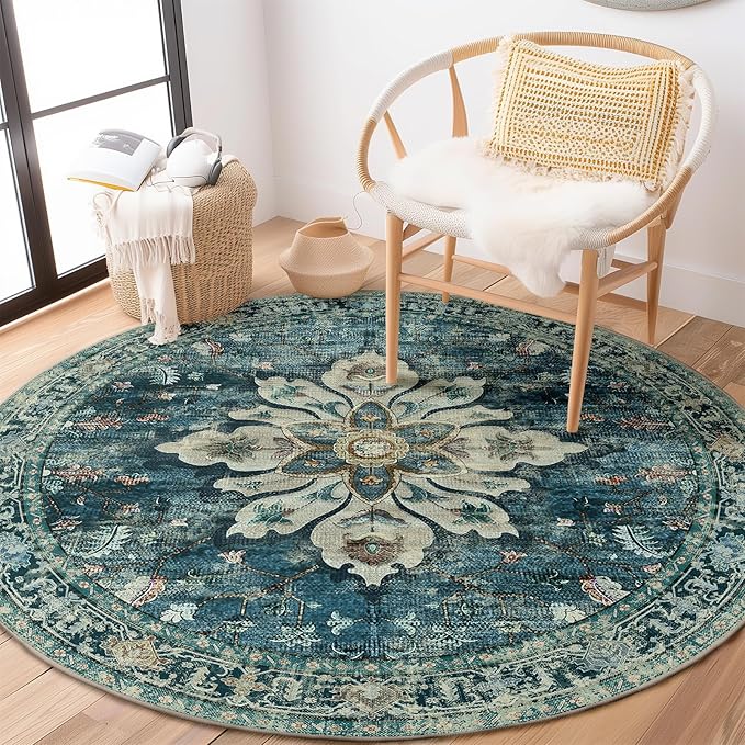 Area Rugs 4ft Washable Non-Slip, Floral Vintage Distress Print Pattern Medallion Carpet for Living Room Bedroom Dining Room, Dark Blue Vintage