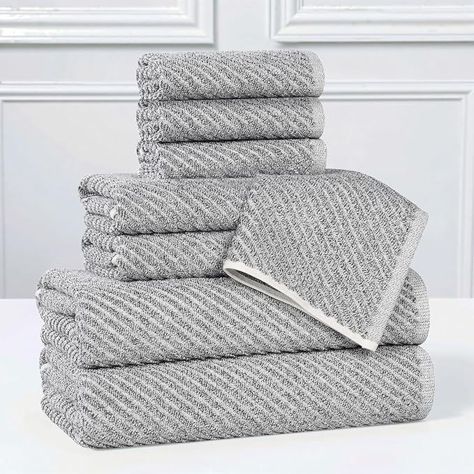 Superior Amelia Viscose Cotton Blend Medium Weight Towels, for Bathroom, Shower, Spa, Plush, Quick Dry, Ultra-Soft Towels, Bath Essentials, Ribbed Design, 8 Piece Assorted Towel Set, Charcoal