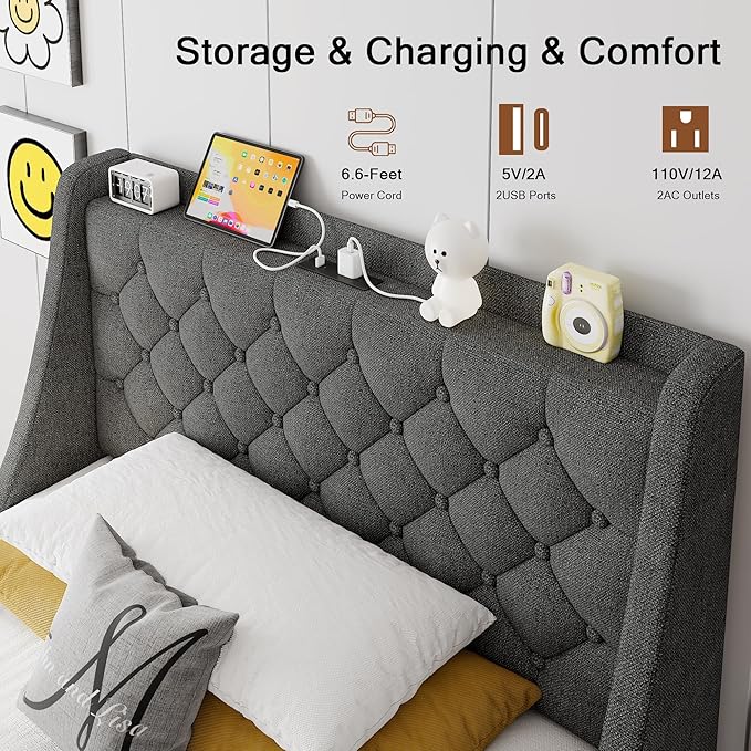 Upholstered Twin Bed Frame with 4 Storage Drawers, Platform Bed Frame with Large Wingback Headboard, Charging Station, No Box Spring Needed, Easy Assembly, Dark Grey