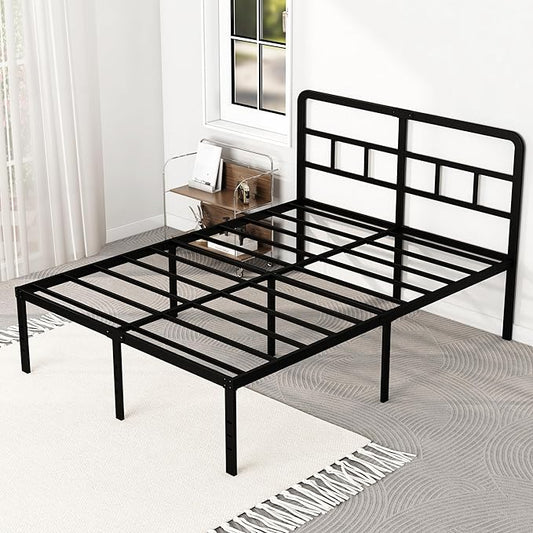 18 Inch Full Size Bed Frame with Headboard No Box Spring Needed, Heavy Duty Metal Platform with Steel Slat, Mattress Foundation, Easy Assembly, Noise Free, Black