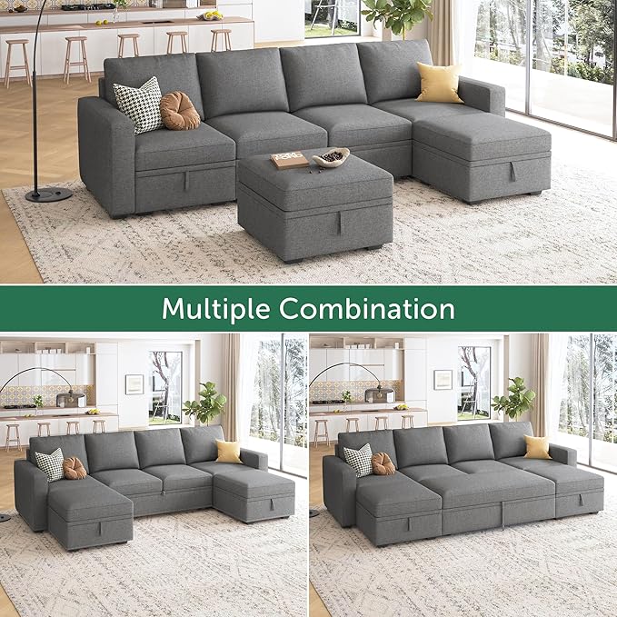 HONBAY Modular Sectional Sleeper Sofa Bed, Sectional Couch with Pull Out Bed U Shaped Modular Couch with Storage Ottoman for Living Room, Dark Grey
