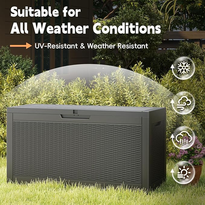 Outdoor Storage Box, 60 Gallon Waterproof Resin Deck Box, Storage Bin for Package Delivery, Patio Furniture Cushion, Garden Tools, Pool Accessories, Weatherproof and UV Resistant, Black