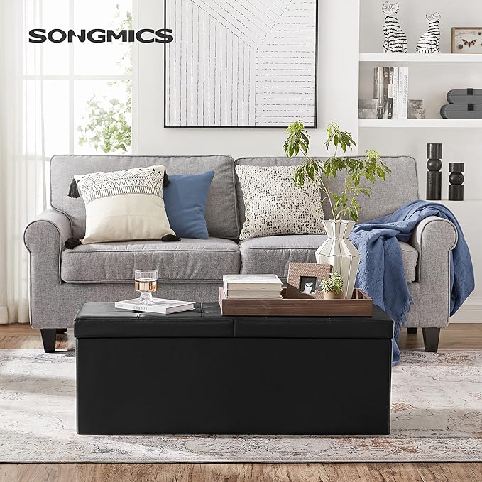 SONGMICS MAZIE Collection - 43 Inches Storage Ottoman Bench with Flipping Lid, Storage Chest with Iron Frame Support, Load 660 lb, for Living Room, Bedroom, Synthetic Leather, Black ULSF75BK