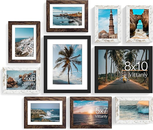 Vittanly 10 Pack Picture Frames Collage Wall Decor, Gallery Wall Frame Set for Wall or Tabletop Display, Multi Sizes with Two 8x10, Four 5x7, and Four 4x6 Photo Frames, Black&Brown&Distressed White
