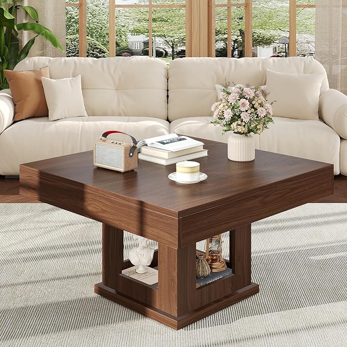 Square Coffee Table, Wooden Coffee Table with Storage and Cat House, Rustic Brown Cocktail Table for Living Room, Farmhouse Large Center Table