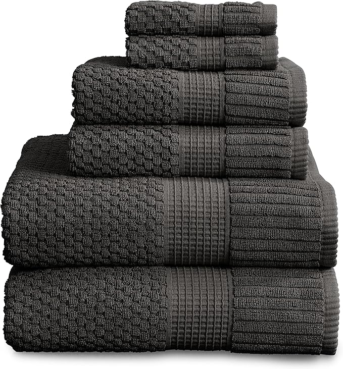 NY Loft 100% Cotton Towel Set 6 Piece | Super Soft & Absorbent Quick-Dry 2 Bath Towels 2 Hand Towels and 2 Washcloths |Textured and Durable Cotton | Trinity Collection (6 Piece Set, Dark Grey)