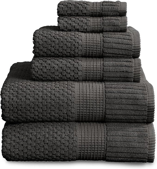 NY Loft 100% Cotton Towel Set 6 Piece | Super Soft & Absorbent Quick-Dry 2 Bath Towels 2 Hand Towels and 2 Washcloths |Textured and Durable Cotton | Trinity Collection (6 Piece Set, Dark Grey)