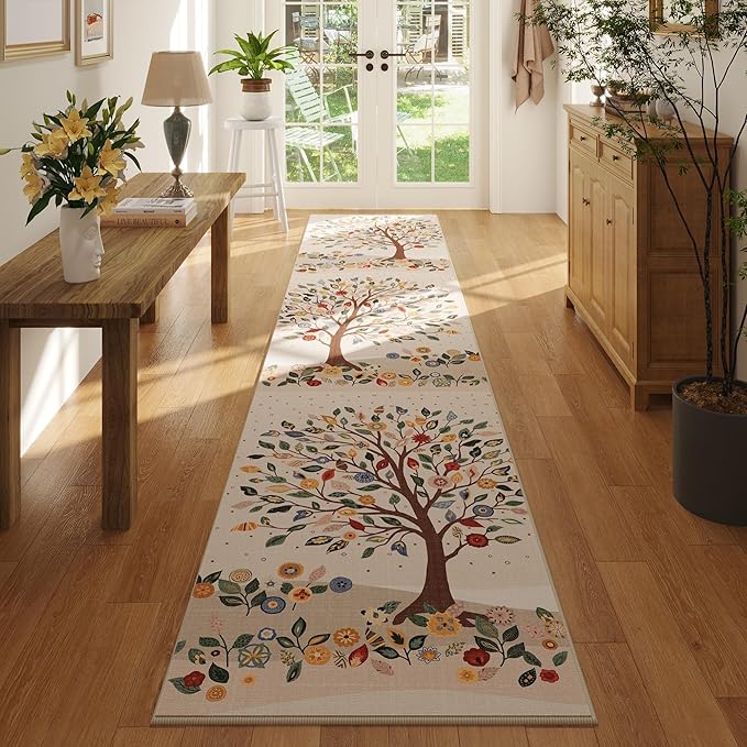 Runners for Kitchen Runner Rug Non Slip 2'x10' Long Washable Rugs Floral Tree with Rubber Backing Bohemian Soft Carpet Runner for Kitchen, Laundry, Bedroom, Bathroom, Beige