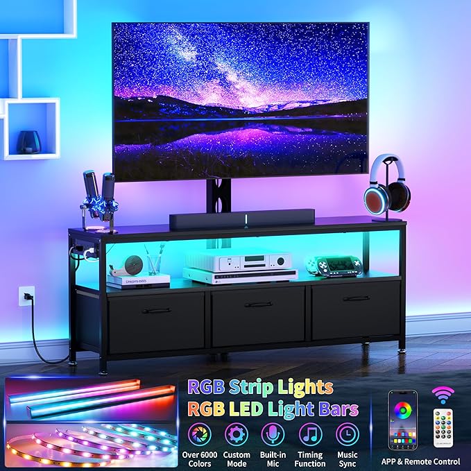 JUSTOGO TV Stand with Mount and Power Outlet, TV Stand Mount with Storage for Living Room, Entertainment Center with LED Lights for 45/55/60/65 inch, Height Adjustable Media Console, Black