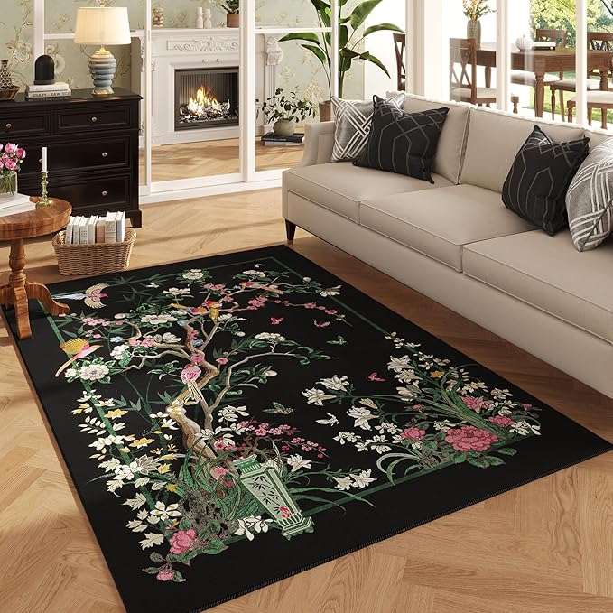 4x6 Rug Chinoiserie-Style Floral Vintage Washable Area Rugs Non Slip Low Pile Small Carpet for Bedroom, Bedside, Kids Room, Office, Dining Room, Black