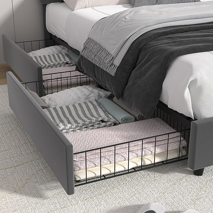 VECELO Queen Size Upholstered Bed Frame with 4 Drawers and Headboard, Velvet Platform Storage Bedframe, Wooden Slats Support, No Box Spring Needed,Dark Grey