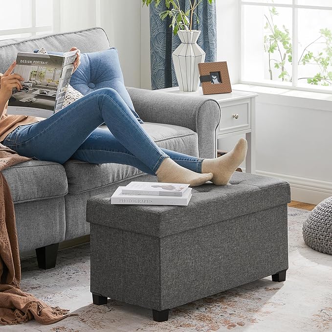 SONGMICS Storage Ottoman Bench, Foldable Foot Rest with Legs, 15 x 30 x 15.2 Inches, End of Bed Bench, Storage Chest, Load up to 660 lb, for Living Room, Bedroom, Entryway, Slate Gray ULSF16GYZ