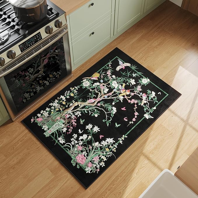 Door Mat Indoor Entrance 2x3 Rug Chinoiserie-Style Floral Vintage Machine Washable Small Area Rug Non-Slip Low Pile Throw Rugs for Entryway, Kitchen, Front Door, Entry, Kids Room, Black