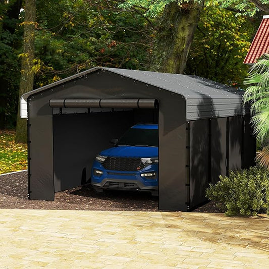 12x20FT Metal Carport Kits with Galvanized Steel Roof, Heavy Duty Metal Frame Carports Canopy with Removable Sidewalls, Garage Car Tent Shelter for Tractors, Boat, Car, Gray