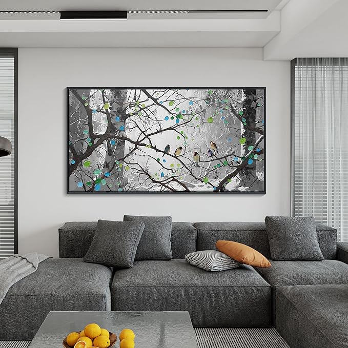 Grey Wall Art Bird on Branch Misty Forest Canvas Artwork Modern Framed Canvas Painting Decorative Wall Art Home Decor Can Be Hung Directly Dining Room Living Room Bedroom Office Size 29x58 Inches