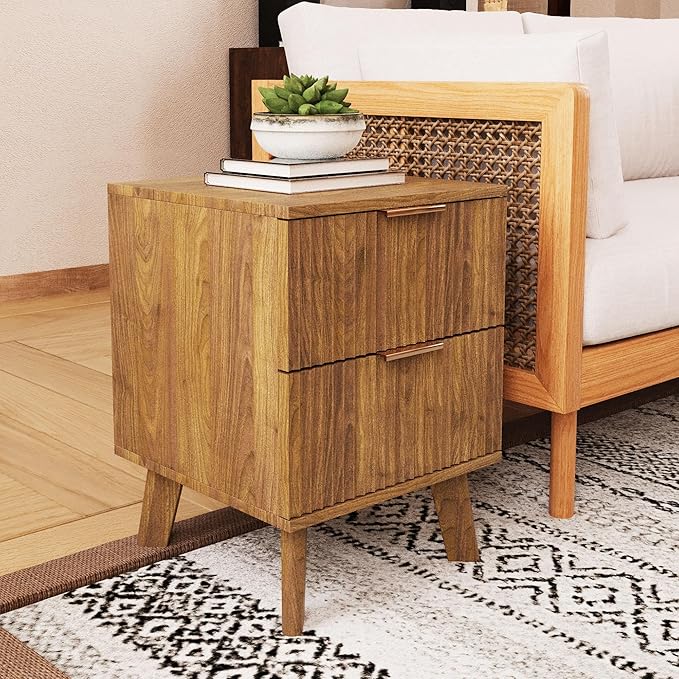 Fluted 2 Drawer Small Dresser for Bedroom, Mid Century Modern Nightstand with Drawers, Low Bedside Table with Drawers, End Table Short Storage, Living Room, Dorm -Walnut