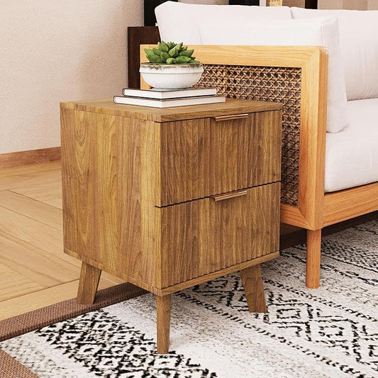Fluted 2 Drawer Small Dresser for Bedroom, Mid Century Modern Nightstand with Drawers, Low Bedside Table with Drawers, End Table Short Storage, Living Room, Dorm -Walnut