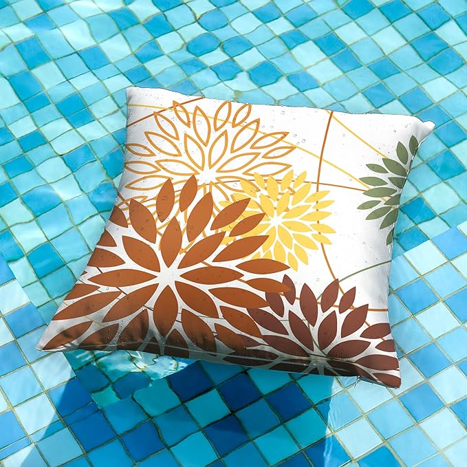 Brown and Yellow Floral Pillow Covers 18x18 Set of 2 Outdoor Waterproof Decorative Throw Pillows Summer Pillow Covers Polyester Cushion Case Decor for Couch Patio Funiture Garden Porch 011E18