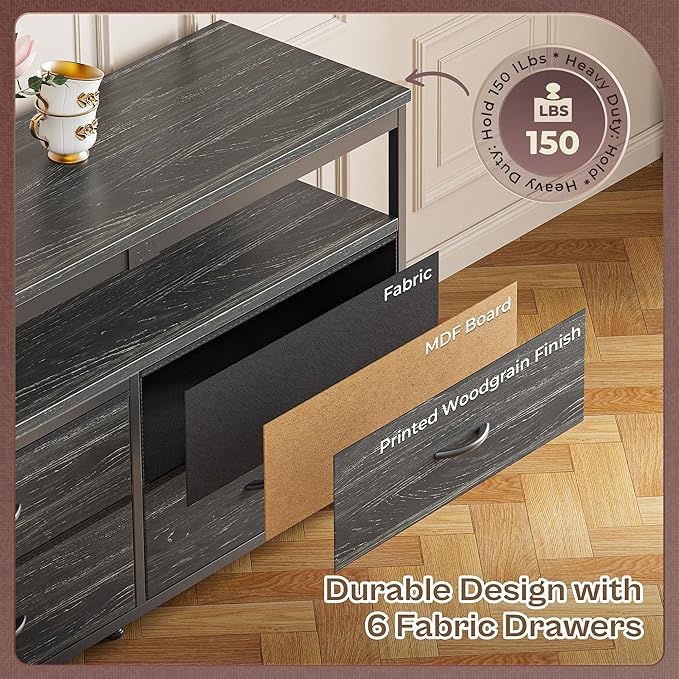 Huuger 63 Inch TV Stand for 55, 65, 70 Inch TV, Long Dresser TV Stand for Bedroom, Charcoal Black LED TV Stand with Power Outlets, Fabric Dresser with Storage, Entertainment Center for Living Room