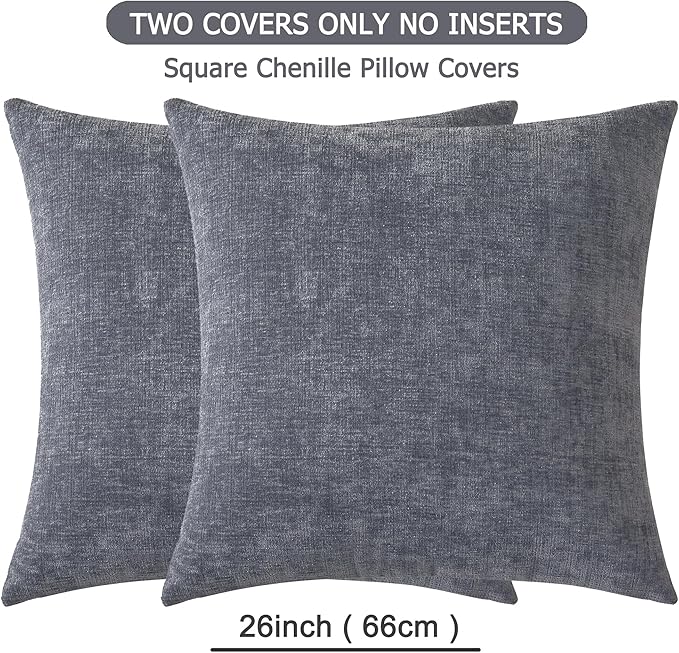 GAWAMAY Decorative Chenille Throw Pillow Covers 26x26 Inch Pack of 2, Soft Square Couch Pillow Cover for Sofa Cushion Living Room Bedroom Solid Dyed Oversized Pillowcases Grey 66x66cm (ONLY Covers)
