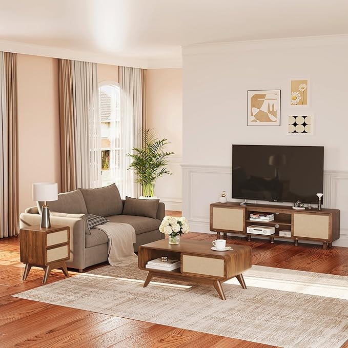 AVZEAR 70'' Mid Century Modern TV Stand for TVs up to 80 Inch, Large Entertainment Center with Storage & Nature Linen Door, Curved Edge TV Console Table Media Console for Living Room Bedroom (Walnut)