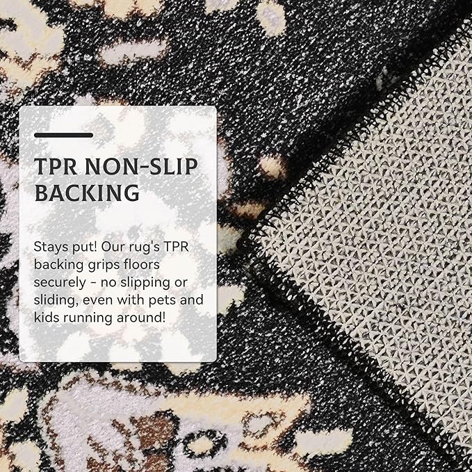 Vintage Area Rug 5x8 Rugs, Machine Washable Vintage Area Rug Non-Slip Low Pile Large Rug for Living Room, Bedroom, Farmhouse, Dining Room, Black