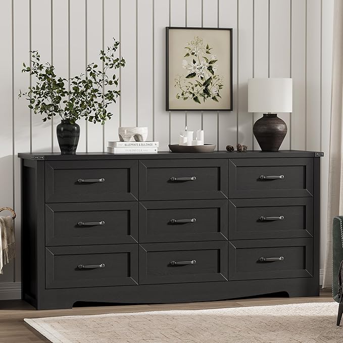 Dresser for Bedroom with 9 Drawers, 59" Wide Wood Chest of Drawers with Deep Drawers & Mental Handle, Modern Dresser TV Stand, Wooden Closet Storage Organizer for Living Room, Hallway, Entryway, Black