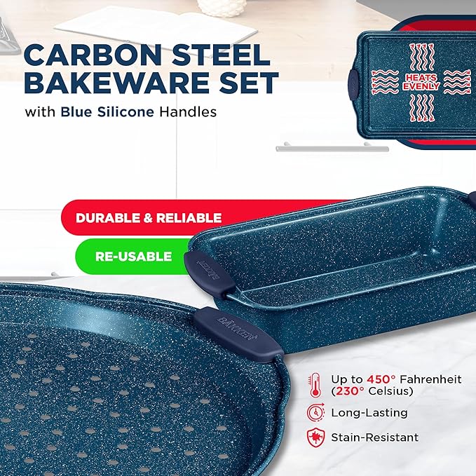BAKKEN Kitchen Baking Pan Set - Nonstick Coating, Carbon Steel Bakeware Sets with Blue Silicone Handles, Baking Kitchen Essentials, PFOA, PFOS, PTFE Free, Oven Safe Tray (Up To 450° F), Set of 18