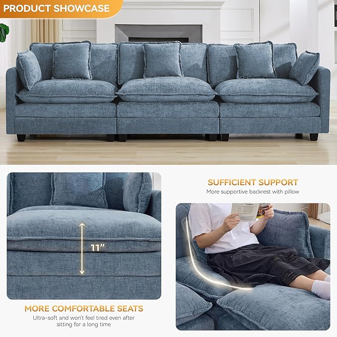 111'' Sectional Cloud Deep Seat Couch, Modern Comfy Chenille Modular Sectional Sofa for Living Room Set, Upholstered Modular 3-Seats Sofa Couch, Blue