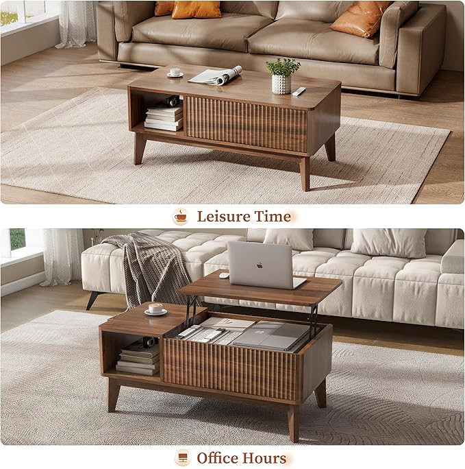 LYNCOHOME Fluted Lift Top Coffee Table with Hidden Compartment, Modern Center Table for Living Room, Home Office（Walnut）