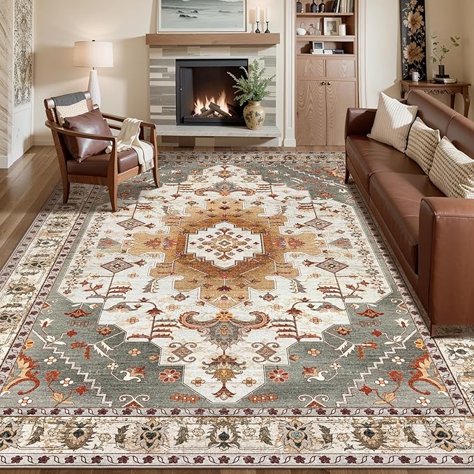 Tangsoo 8x10 Area Rug for Living Room, Washable Vintage Indoor Non Slip Large Area Rugs, Print Distressed Turmeric Carpet, Soft Low Pile Rug Foldable Floor Rug for Bedroom Dining Room Dorm