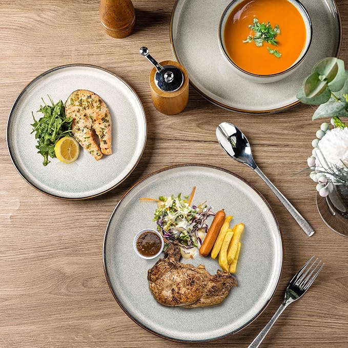 GBHOME Ceramic Dinnerware Sets for 8, 24 Pieces Stoneware Plates and Bowls Sets, Scratch Resistant Dishes, Dishwasher & Microwave Safe, Reactive Glaze-Green Wheat