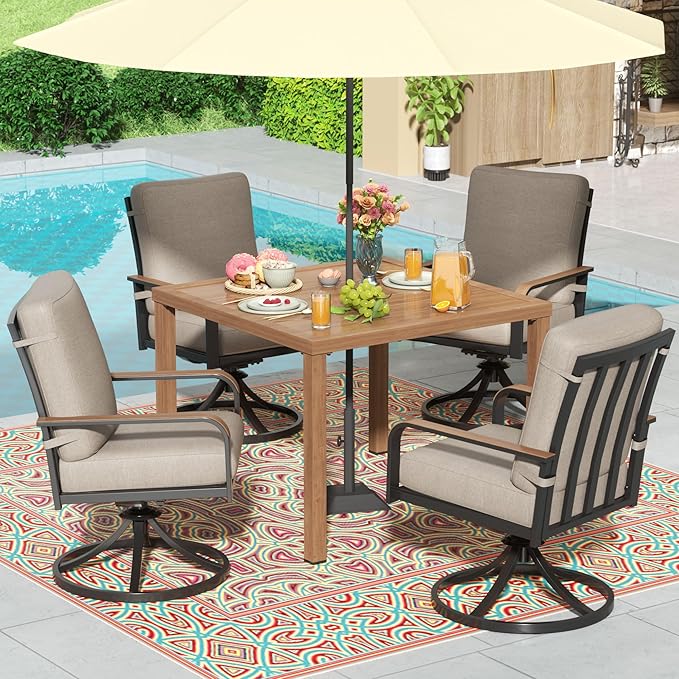 NATURAL EXPRESSIONS 5 Piece Outdoor Patio Dining Sets, 4pcs Swivel Dining Chairs & Square Woodgrain Dining Table with 1.65”Umbrella Hole for Lawn, Garden, Deck, Backyard and Porch