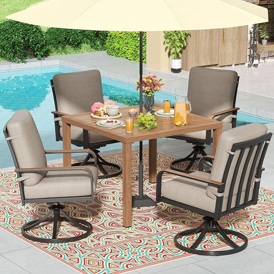 NATURAL EXPRESSIONS 5 Piece Outdoor Patio Dining Sets, 4pcs Swivel Dining Chairs & Square Woodgrain Dining Table with 1.65”Umbrella Hole for Lawn, Garden, Deck, Backyard and Porch
