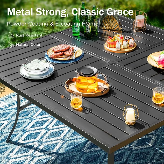 PHI VILLA 9 Pieces Outdoor Dining Table Set for 8, 60” Square Metal Dining Table & Stackable Dining Chairs, Large Dining Furniture Set for Patio, Deck, Yard, Porch