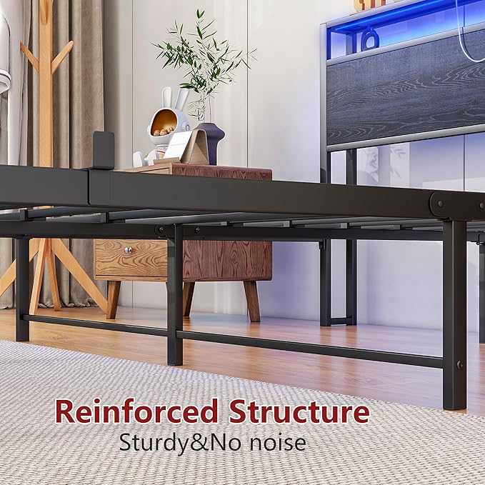 Queen Bed Frame With Storage Headboard/LED Lights, Metal Platform With Charging Station, No Box Spring Needed, Heavy Duty Slats, No Noise, Black