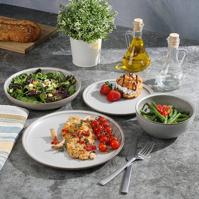 Gibson Elite Beckett Stoneware Matte Reactive Glaze 16 Piece (Service for 4) Plates and Bowls Dinnerware Set - Linen White