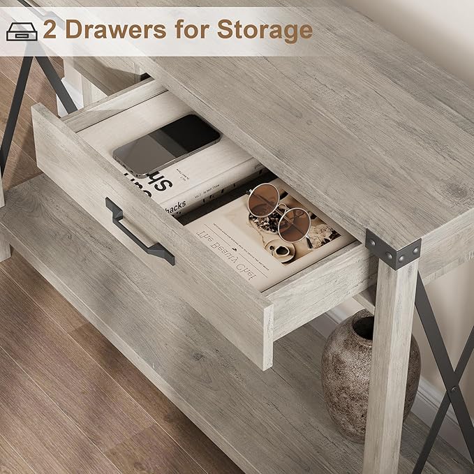 31-inch Storage Cabinet Suitable for hallways, corridors, and Living Rooms Two-Tier Narrow Sofa Table Industrial-Style Hallway Table with Drawers and Open Storage Shelves - Gray