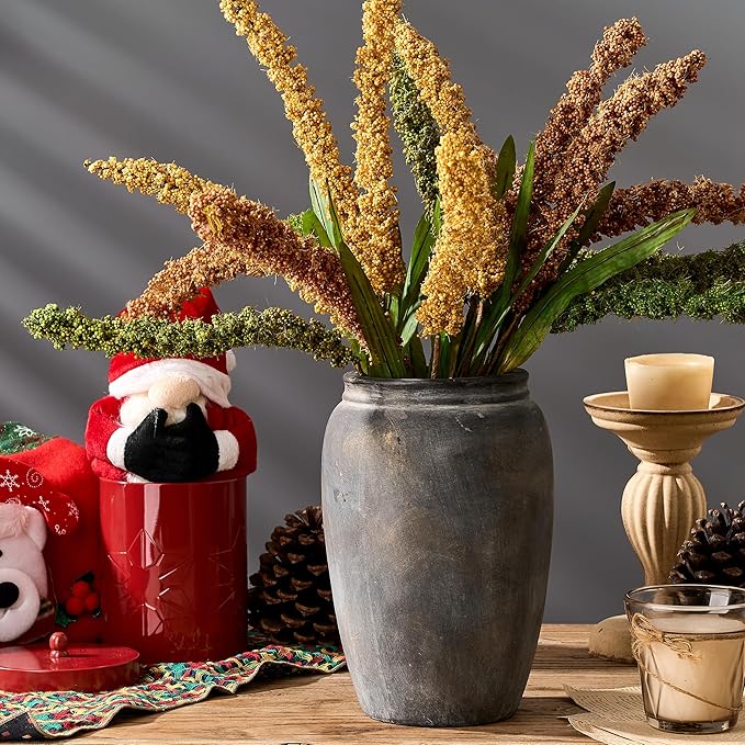 PORCER 8.2 Inch Ceramic Terracotta Rustic Vase Home Decor Farmhouse Decorative Vase for Living Room Entryway Floor Holiday Wedding-Black Bronze