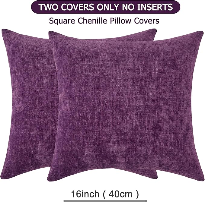 GAWAMAY Decorative Throw Pillow Covers 16x16 Inch Set of 2, Super Soft Chenille Square Pillows Farmhouse Fall Pillowcase for Living Room Bedroom Sofa Couch Cushion Cover Purple 40x40cm (No Insert)