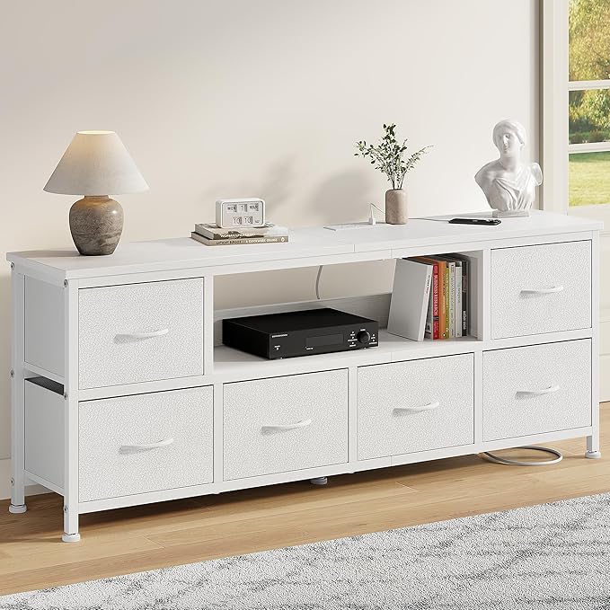 Lulive TV Stand for Living Room, LED White Dresser for Bedroom with 6 Fabric Drawers,43 55 60in TV Stand with Power Outlet, Entertainment Center with Open Shelf