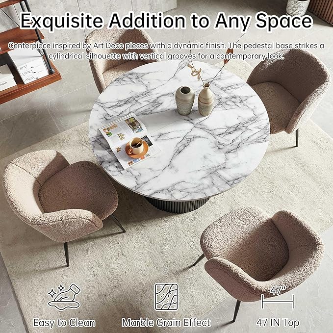 NORDICANA 5-Piece Wooden Round Dining Room Table and Chair Set, 47-Inch Kitchen Table with Barrel Chairs for 4, Brown Upholstered Sherpa Dining Set, MDF Core with White Marble Effect Finish