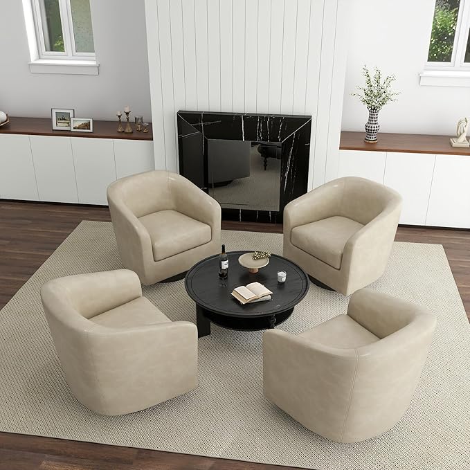 UIXE 360° Swivel Barrel Accent Chair Armchair, PU Leather Round Club Arm Chair for Lving Room, Modern Upholstered Small Bedroom Single Sofa Seat - Cream, Set of 4
