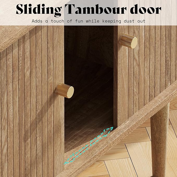 AMERLIFE 70" TV Stand with Solid Wood Legs, Mid Century Modern TV Console with Tambour Door for 80-inch TV, Dust-Proof Storage Cabinet for Living Room, Natural Oak