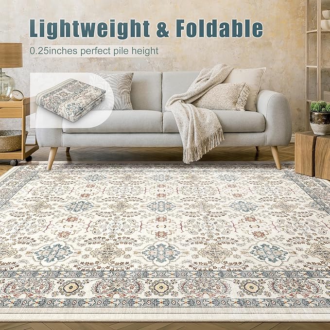 Area Rugs for Living Room: 8x10 Washable Rug Vintage Boho Floral Print - Ultra Thin Stain Resistant Large Soft Non Slip Foldable Carpets for Bedroom Dining Room Office Nursery - Multi