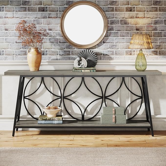70.9-Inch Sofa Table, 2-Tier Narrow Console Table with Storage for Entryway, Living Room, Hallway, Foryer, Geometric Pattern Design (Grey)