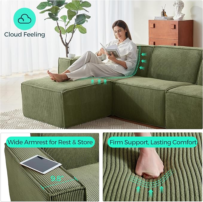 LINSY HOME Modular Sectional Sofa, 105" Boneless Couch U Shaped 3-Seat Sofa with 2 Ottomans, Corduroy Sectional Cloud Couches for Living Room, No Assembly Required, Green